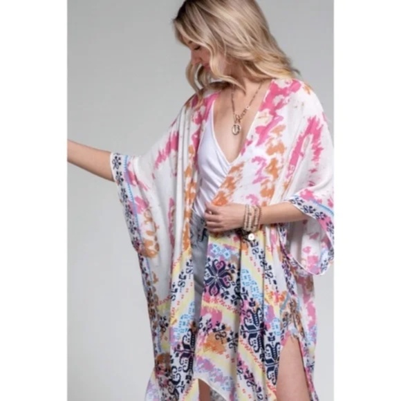 SOLD OUT Colorful Tie Dye Bohemian Ethnic Border Motif Kimono Wrap Coverup Open - Picture 2 of 5